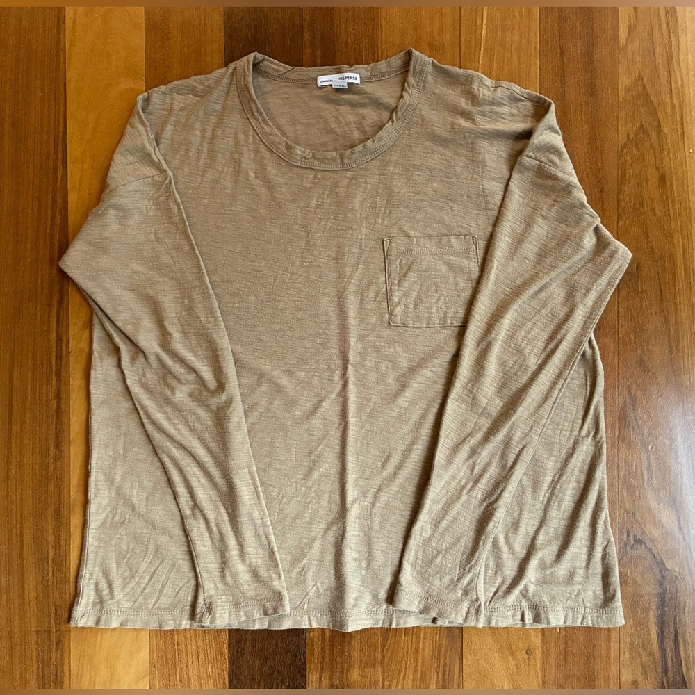 JAMES PERSE British Khaki Long Sleeve Pocket T-Shirt Women's Size 2 Medium - Picture 2 of 7